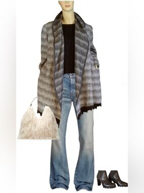 INSIGHT BROWN & CREAM OPEN-FRONT CHEVRON CARDIGAN SWEATER/JACKET W/FRINGE (12)